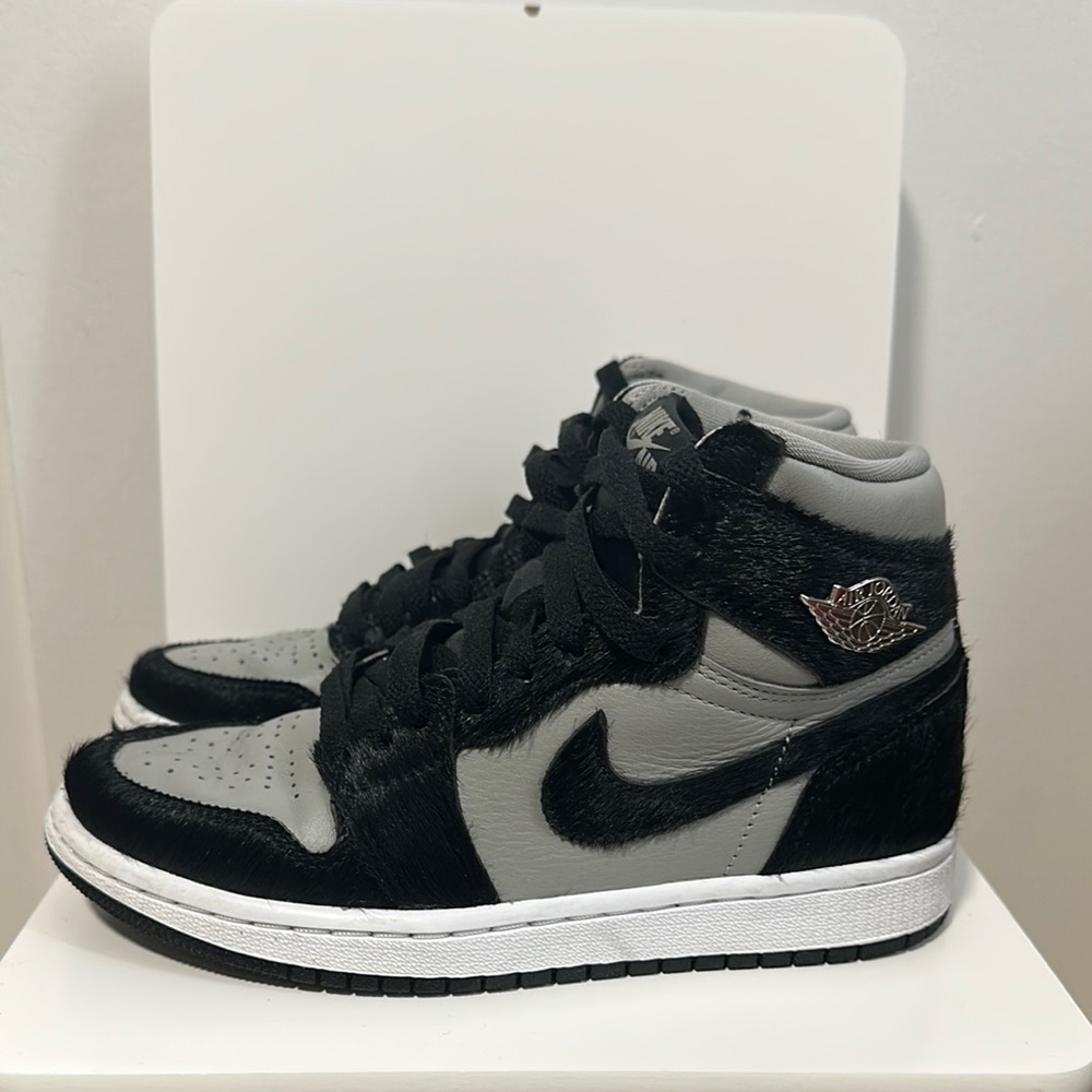 Jordan 1 grey and black pony hair sneakers